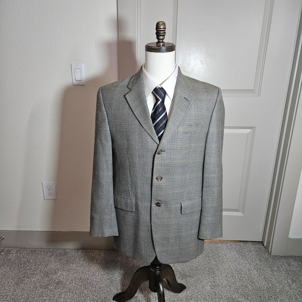 Ralph Lauren 40R Silk Wool Suit Blazer Jacket Men Houndstooth Beige Gray